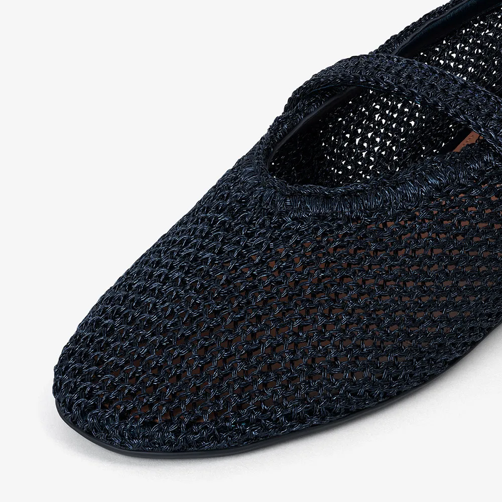 Dark Blue Mesh Round Toe Buckle Strap Flat Shoes for Women