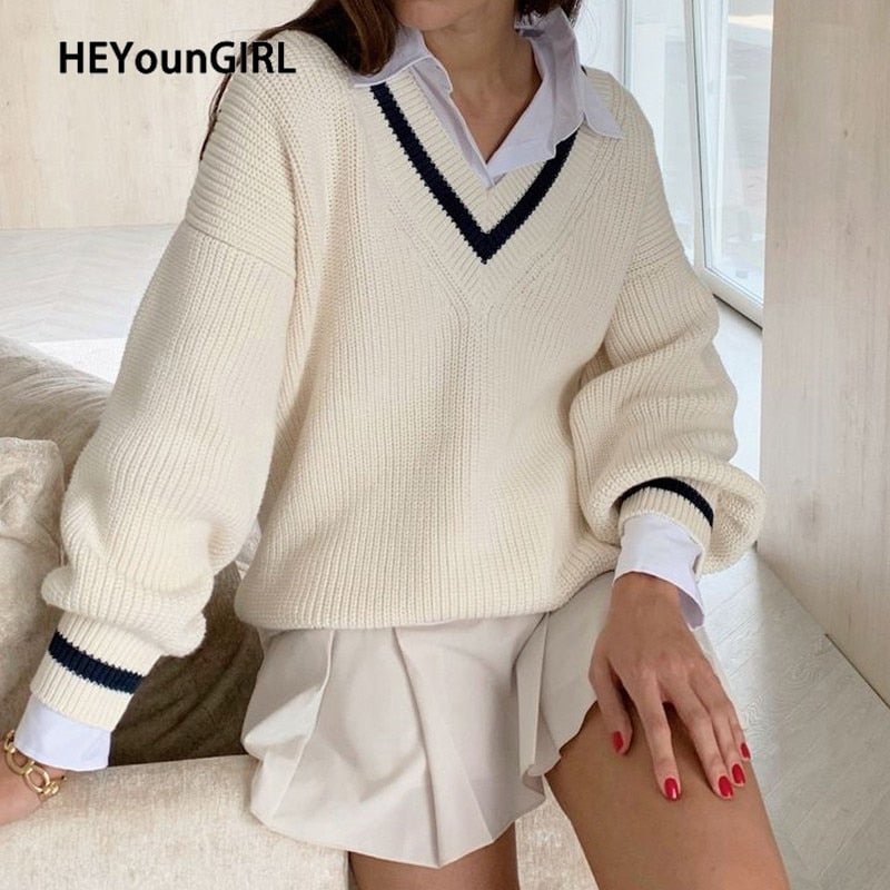 HEYounGIRL  V Neck White Casual Sweater Women Preppy Style Korean Long Sleeve Jumpers Ladies High Street Autumn Winter Pullover