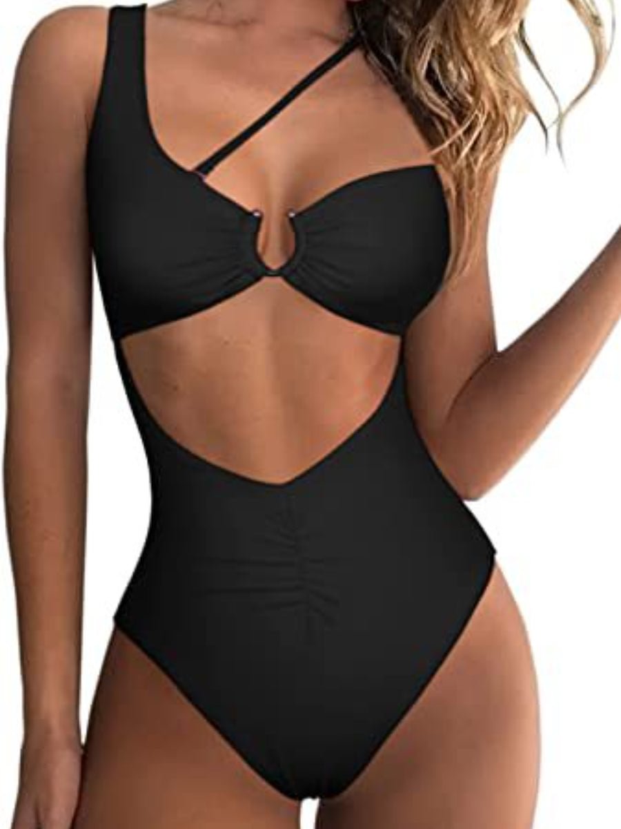 Beach Swimsuit Solid Color One-Shoulder Bikini Swimsuit One-Piece Set