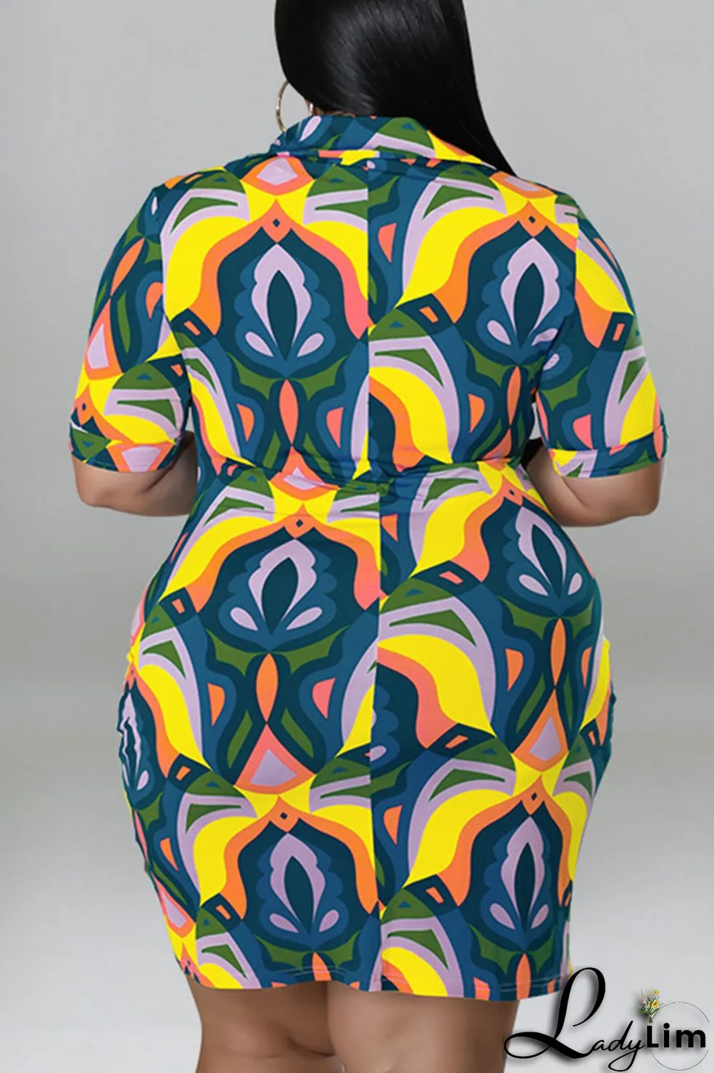 Coffee Casual Print Patchwork Buckle Turndown Collar Shirt Dress Plus Size Dresses
