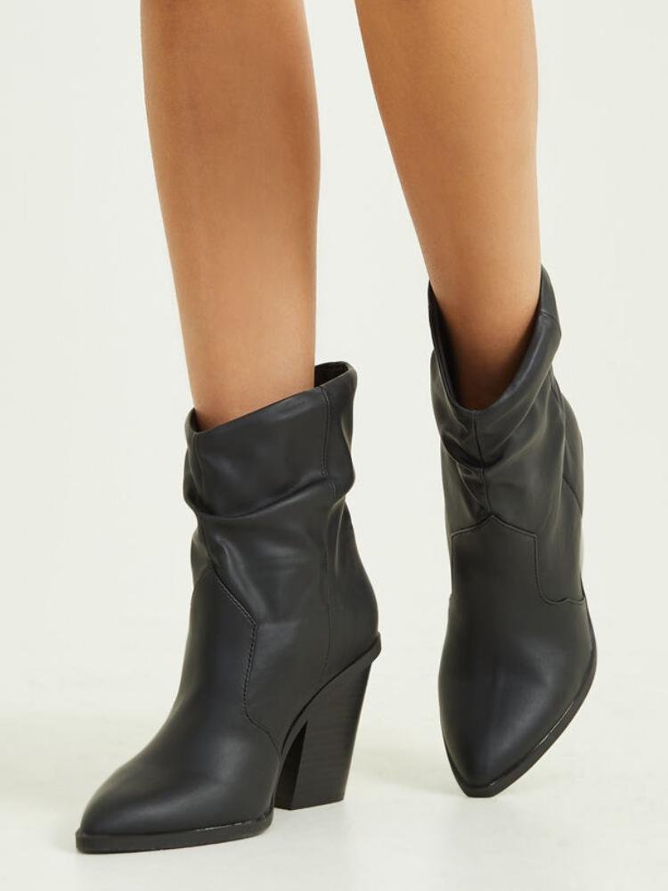 Black Ruched Pointed Toe Slanted Heel Western Ankle Boots