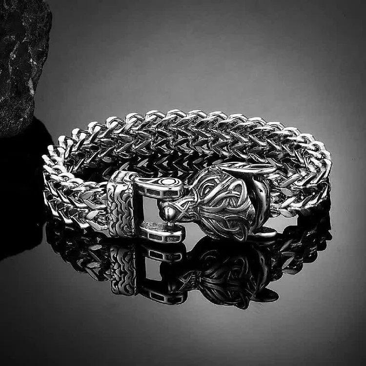 Coutureaura Men's Viking Silver Wolf Head Bracelet