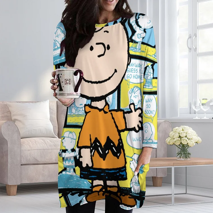 Peanuts Charlie Brown Linus Lucy Comic Casual Swing Dresses Women Long Sleeve Loose Fit T Shirts Tunic Mini Dress - Heather Prints Shirts