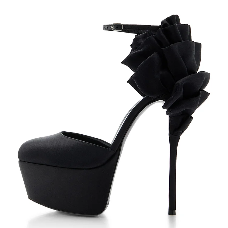 Black Satin Platform Pumps Elegant Ruffles Ankle Strap Heels |FSJ Shoes