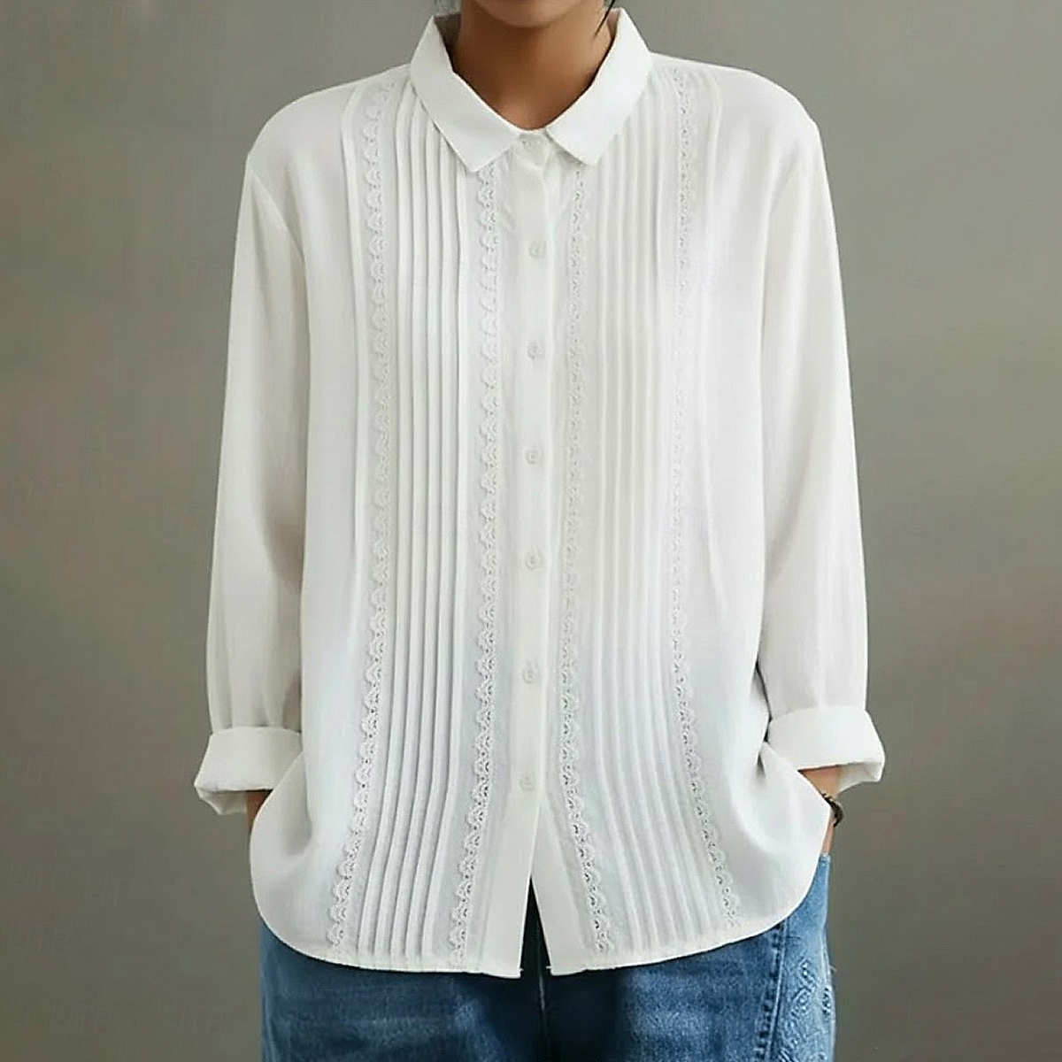 Women's Casual Shirt Button Up Lace Linen Blend Blouse wearshes