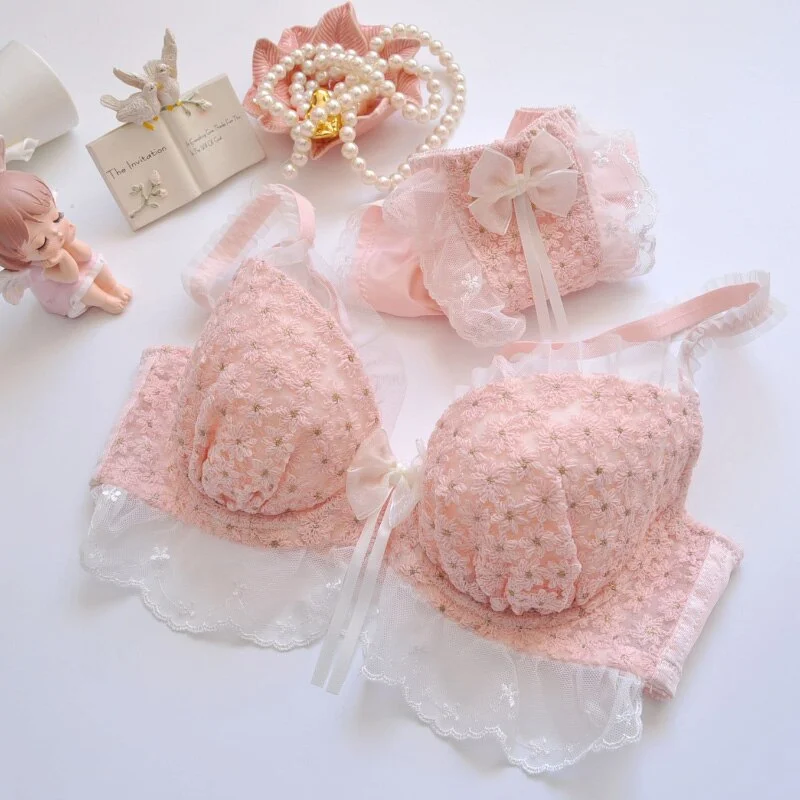 Billionm Lace Floral Girls Bra Set/2PCS Sexy Underwire Adjusted-straps Brassiere Bralette Korean Push Up Panties Underwear Suit