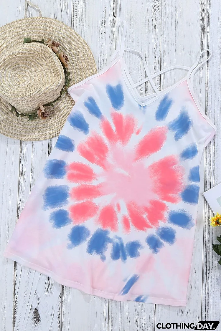 Cute Pink Tie Dye Strappy Crossed Neckline Tank Top