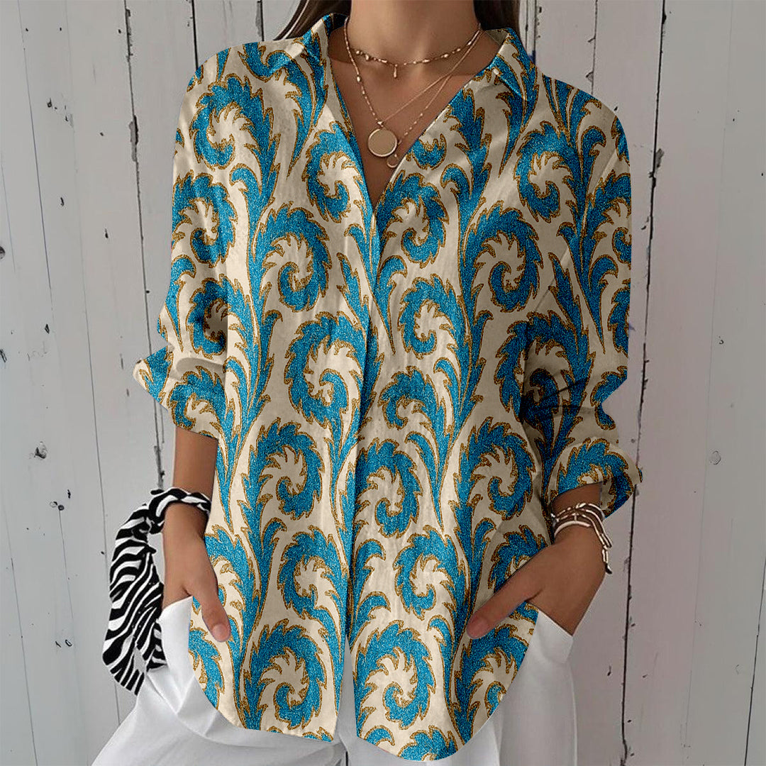 Women Long Sleeve V-neck Graphic Floral Printed Top