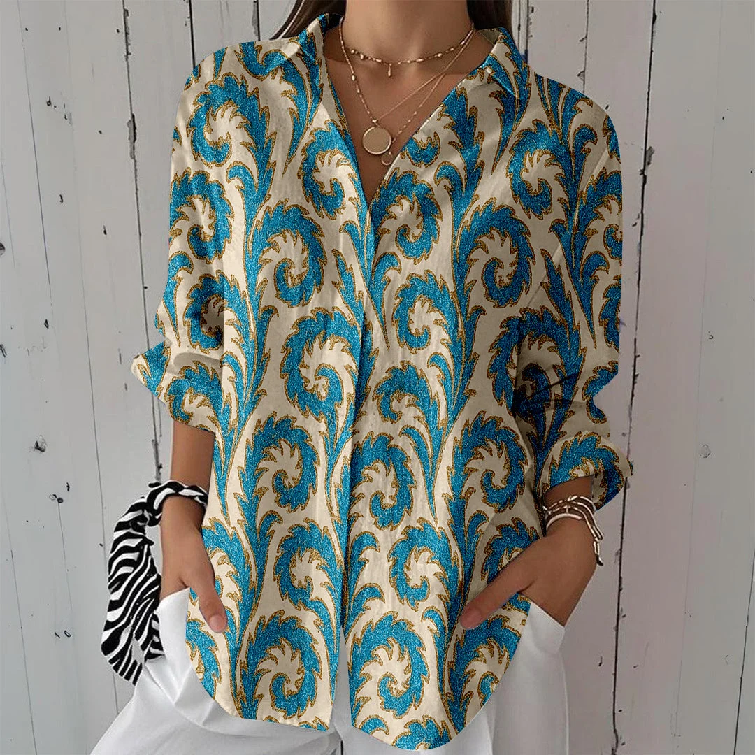 Style & Comfort for Mature Women Women Retro, Blue, White DZCL0396 3/4 Sleeve Shirt Collar Printed Button Tops