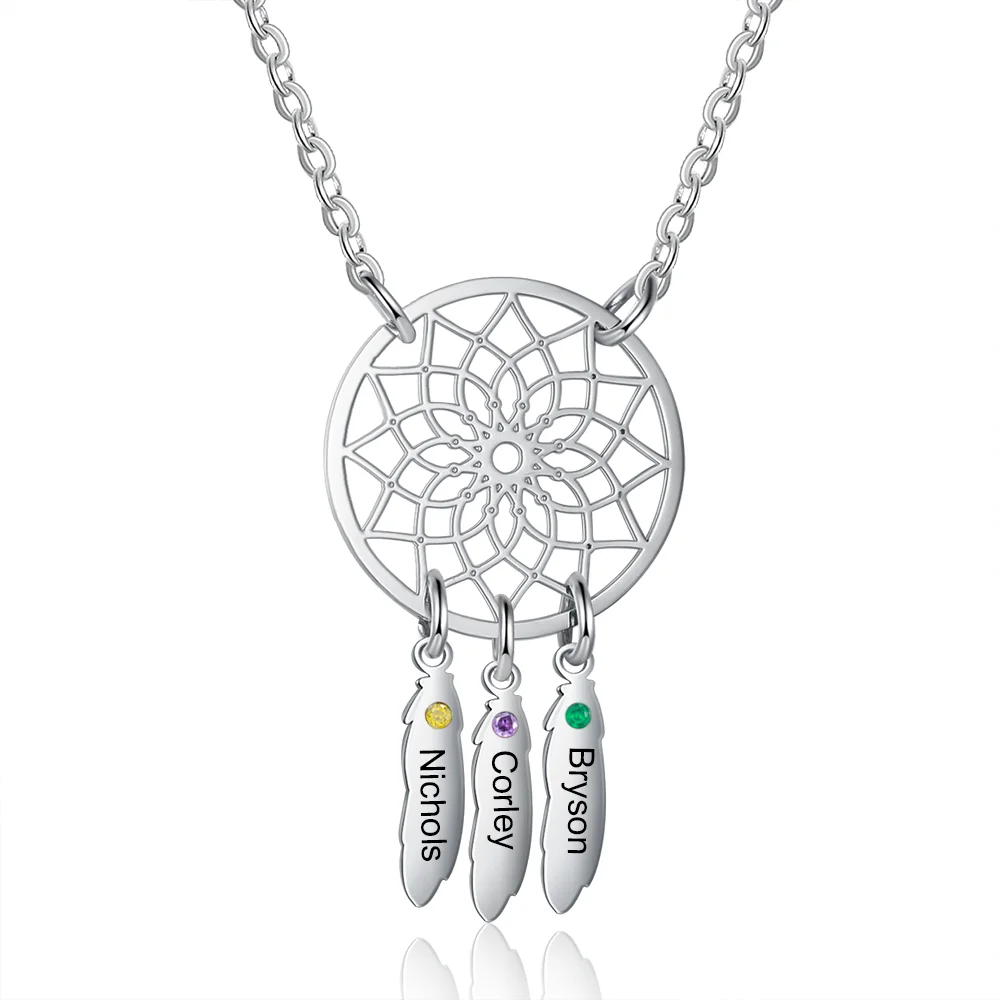 Personalized Dream Catcher Necklace with 3 Birthstones for Women