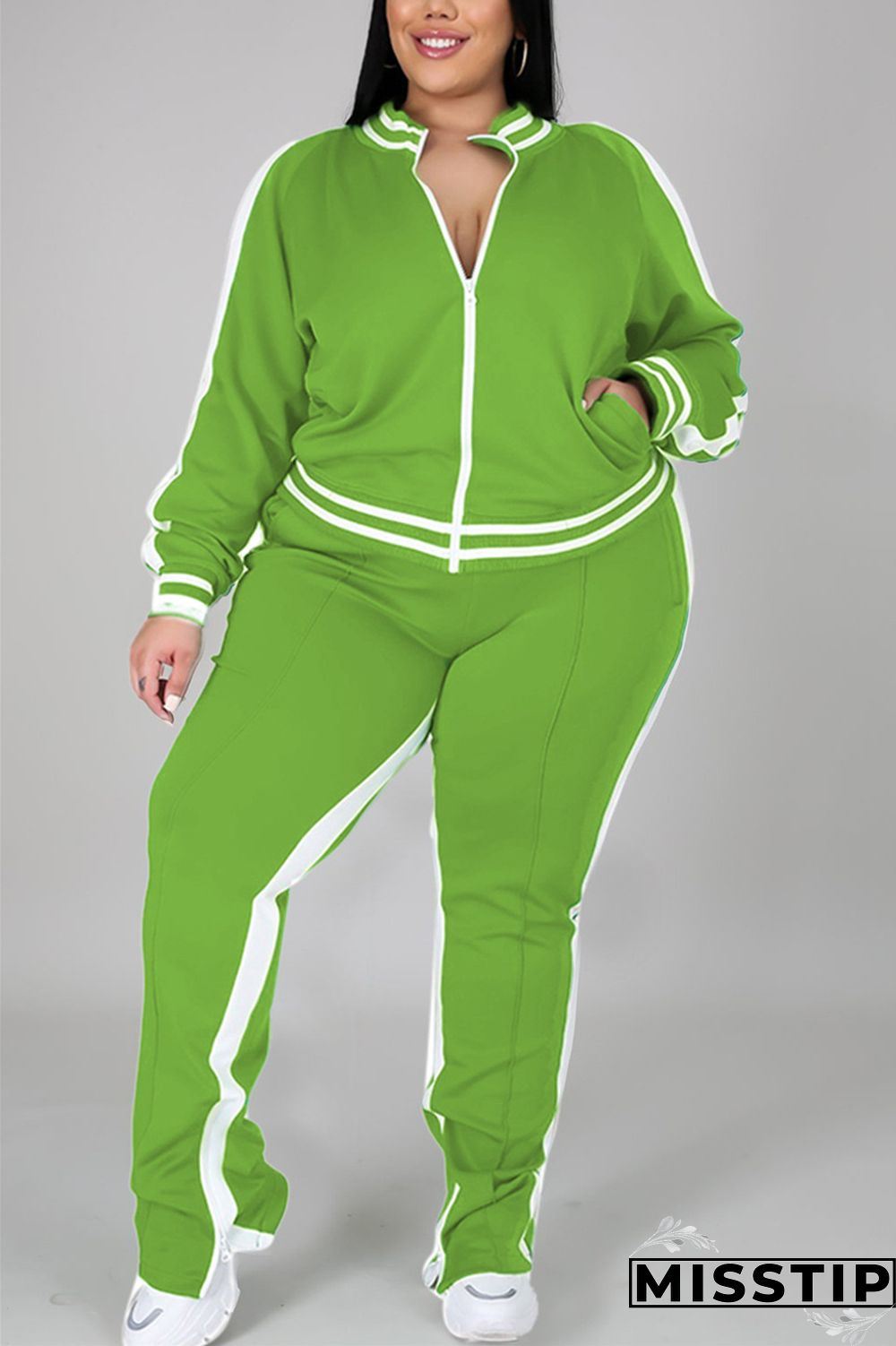 Black Fashion Casual Sportswear Zipper Collar Long Sleeve Regular Sleeve Patchwork Plus Size Set