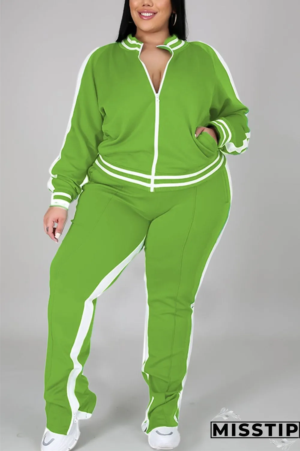 Black Fashion Casual Sportswear Zipper Collar Long Sleeve Regular Sleeve Patchwork Plus Size Set