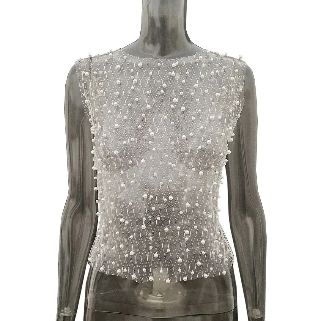 Uveng 2025 Explosion Women's Bubble Beads Net Yarn Perspective Sexy Sleeveless Vest Top