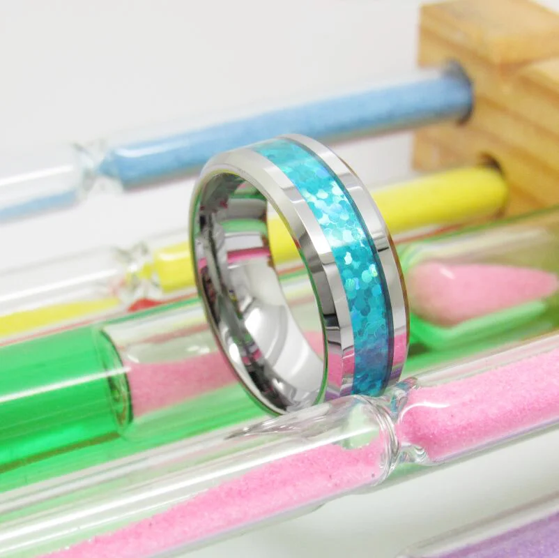 8MM Silver Tungsten Carbide Imitation Blue Opal Inlay Mens Women Wedding Band Rings Comfort Fit High Polished