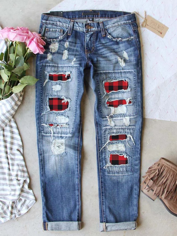 Elegant Women's Jeans Red Ripped Plaid Trousers