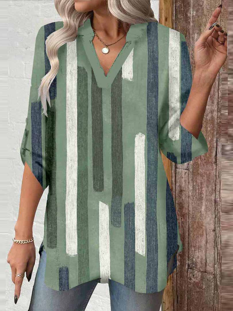 Women Striped, Green,Ladynora DZGA0064 3/4 Sleeve V-neck Printed Graphic Button Tops