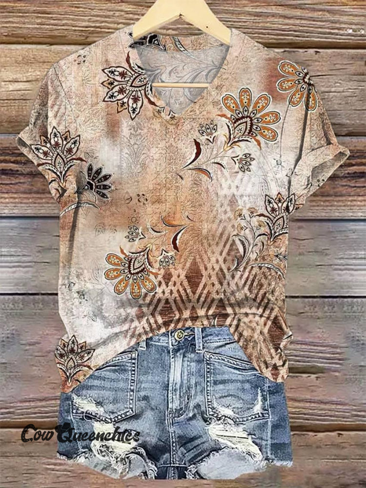 Women’s Vintage Ethnic V-neck Casual T-Shirt Multicolor / S
