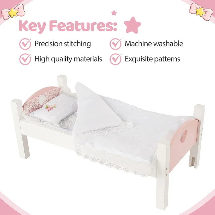 Babeside Reborn Baby Dolls Wooden Bed - Jacquard Weave Bedding Accessories