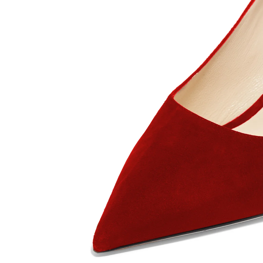 Faux Suede Pointed Toe Classy Red Pumps with Classic Kitten Heel 
