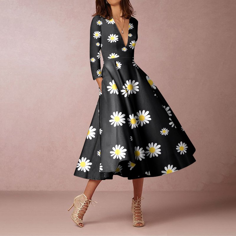 Rotimia Elegant Daisy Prints Long Sleeve Midi Dress