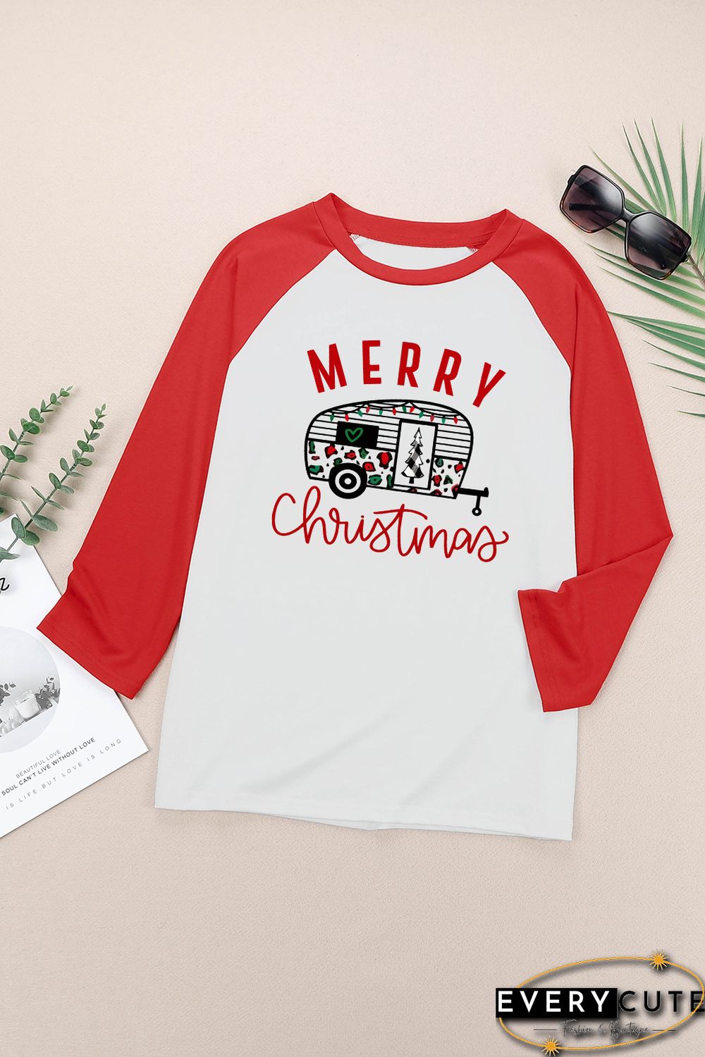 Red Merry Christmas Graphic Print Color Block Top