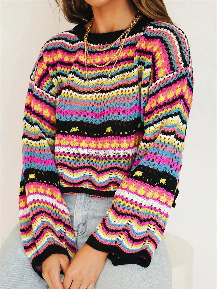 Stitching Knitwear Loose Rainbow Round Neck Striped Women-Mayoulove