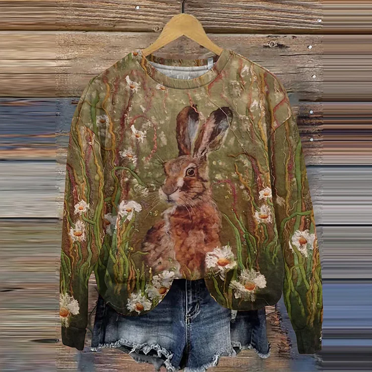 VChics Vintage Rabbit Print Crew Neck Casual Sweatshirt