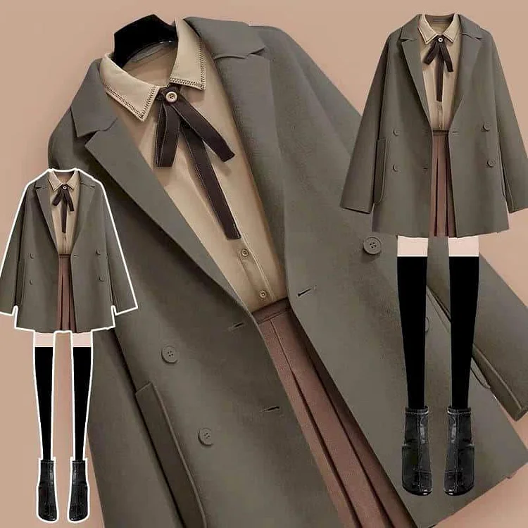 Dark Academia Woolen Coat Three-Piece With Jacket, Blouse, And Short Skirt SP15768