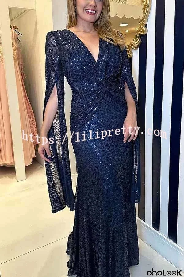 Shine Brighter Sequin Cape Sleeve Cross Waist Evening Maxi Dress