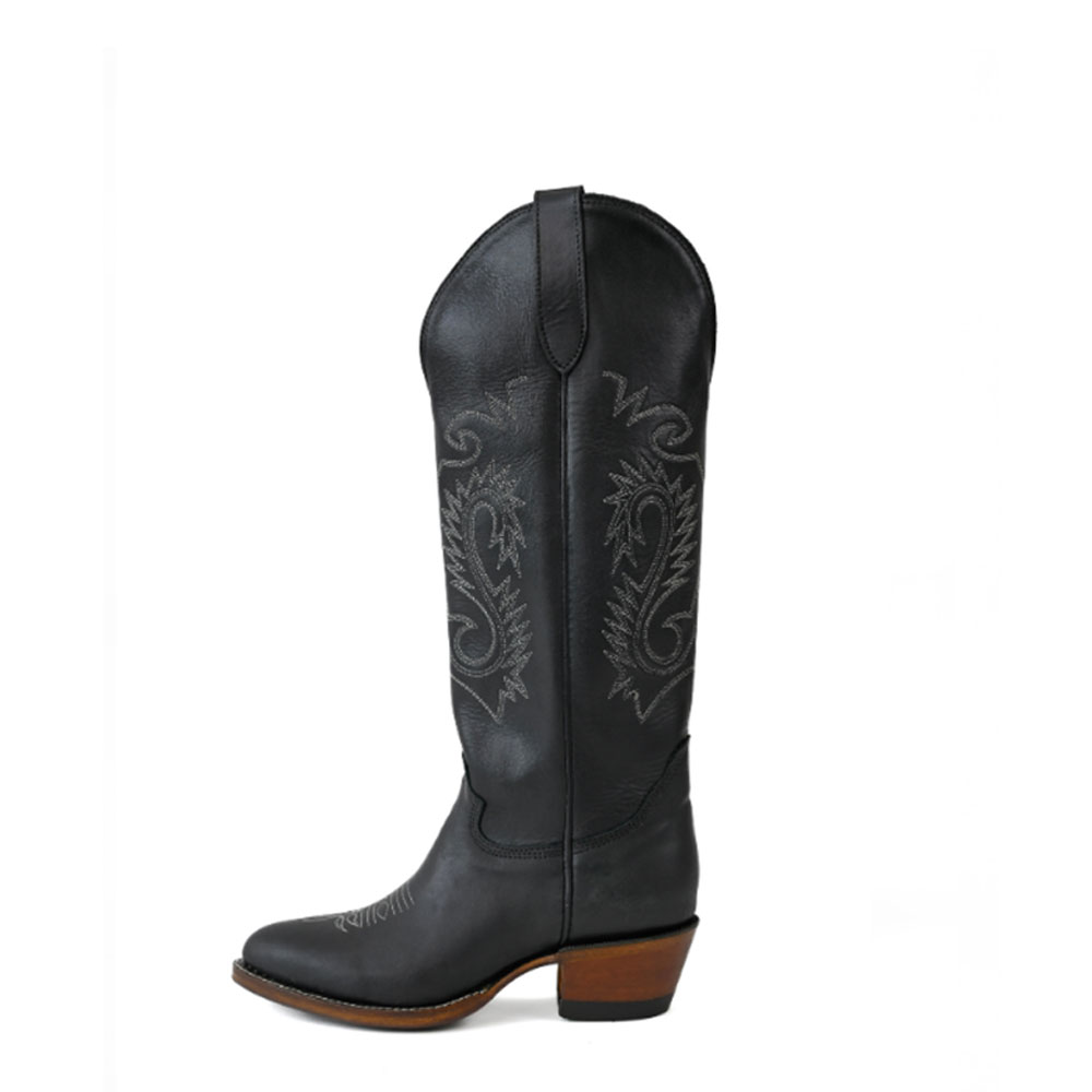 Black Retro Cork Round Toe Chunky Heel Mid-Calf Cowgirl Boots Nicepairs