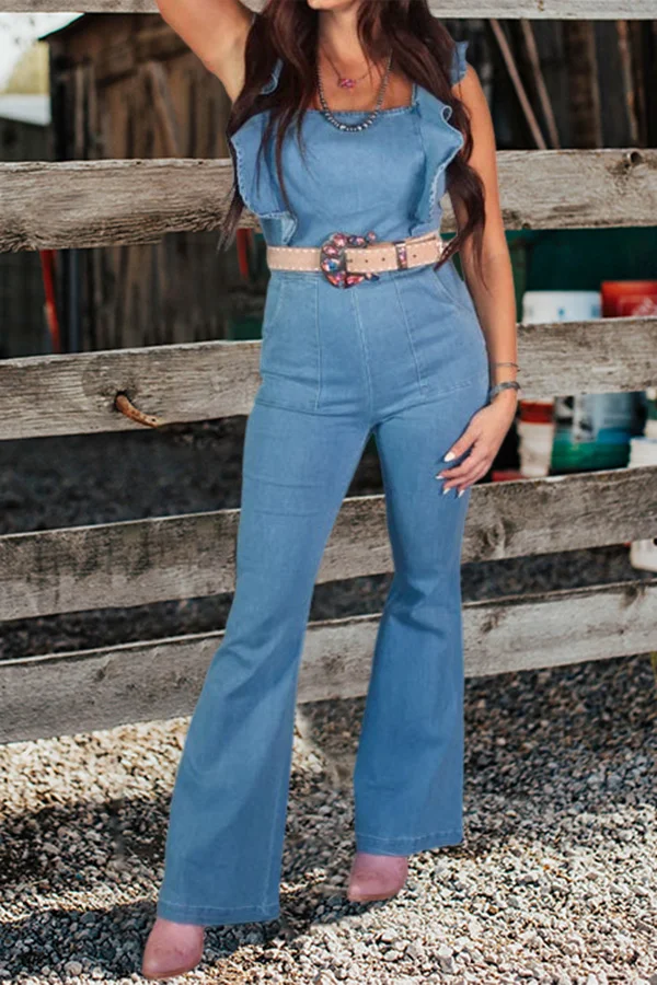 Vintage Washed Ruffle Sleeve Denim Jumpsuit