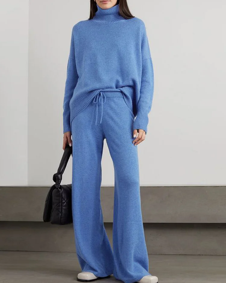 Casual Turtleneck And Pants Knitted Two-Piece Set