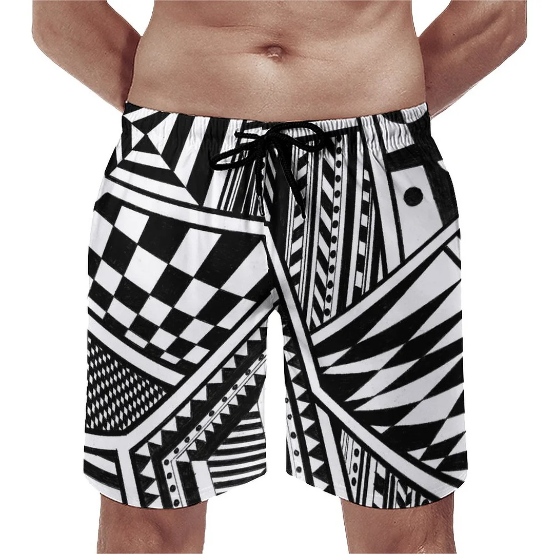 Abstract Black White Geometric Shapes Stripes Christmas Men's Swim Trunks Summer Board Shorts Quick Dry Beach Short with Pockets
