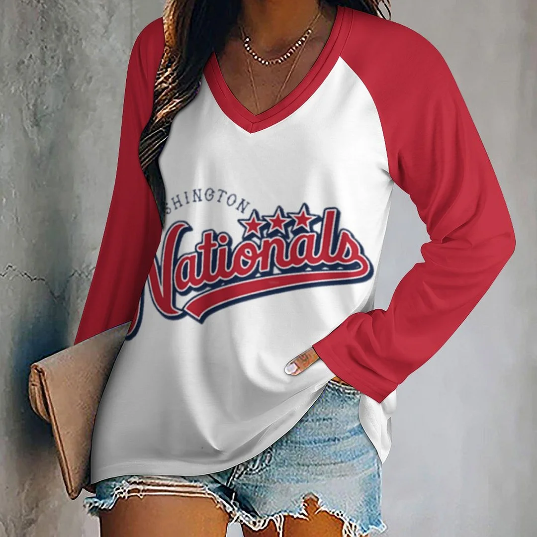 V-neck Long Sleeve Casual T-shirt for  Women and Men Printed with Pattern , Blue, Red