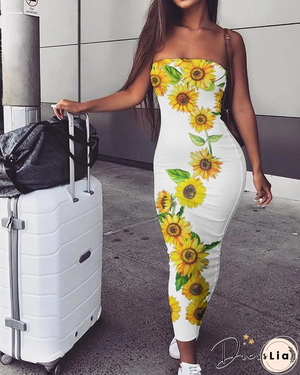 Off Shoulder Tube Sunflower Print Skinny Dress