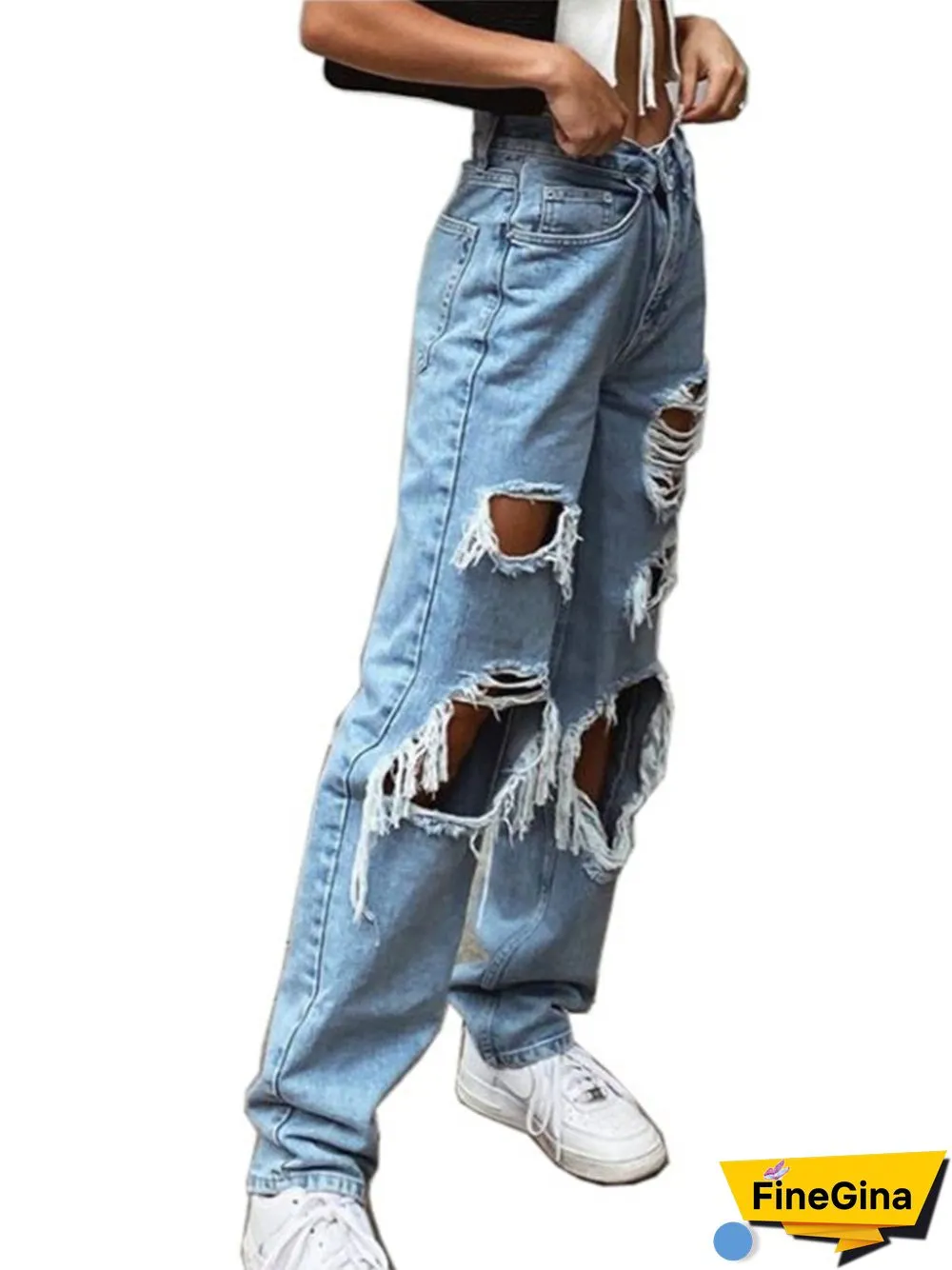 Statement Ripped Solid Pockets Plus Size Casual Denim Jeans