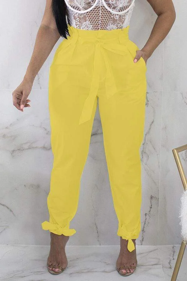 Stylish High Waist Lace-up Yellow Pants
