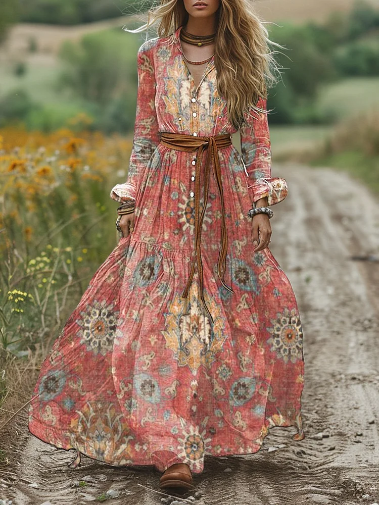 Women's Vintage Ethnic Art Patterns Print Pocket Cotton Maxi Dress