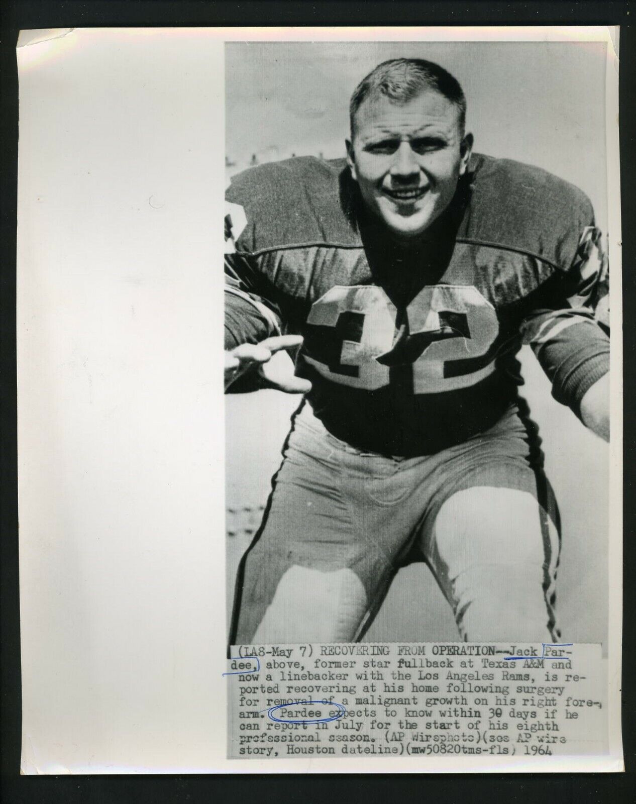 Jack Pardee operation for malignant growth 1964 Press Photo Poster painting Los Angeles Rams