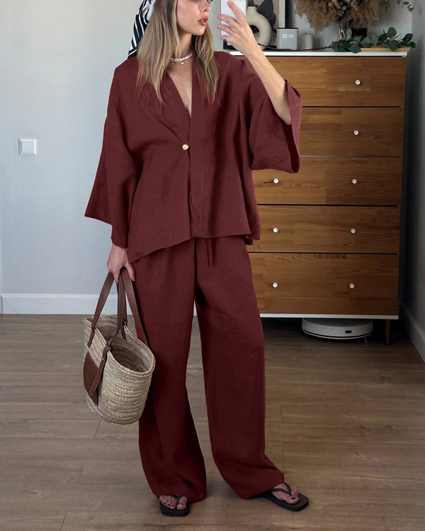 V Neck Cropped Sleeve Solid Color Top & Wide Leg Pants Set
