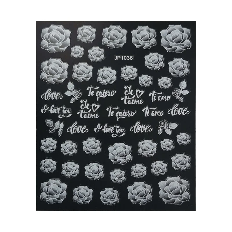 5D White Nail Sticker Rose Flower Engraved Embosse Design Transfer Decals Slider Wraps DIY Nail Art Decoration Accessories