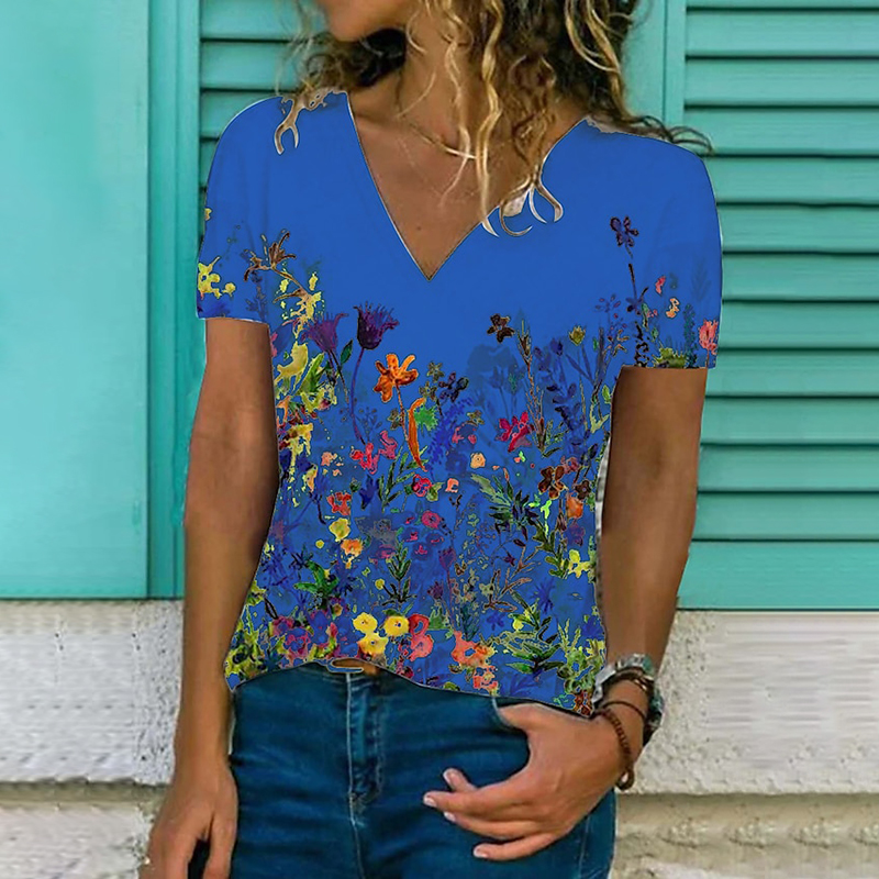 Flower Print V-Neck Short Sleeved Casual T-Shirt wearshes
