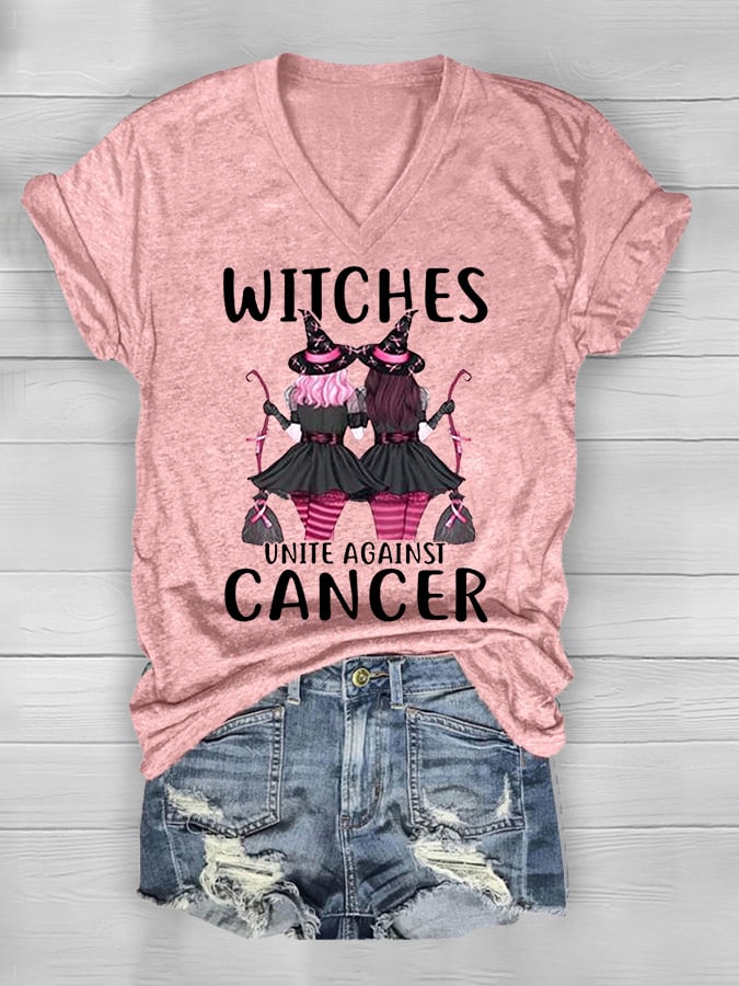Women's Witches Unite Against Cancer Breast Cancer Awareness V-Neck Tee
