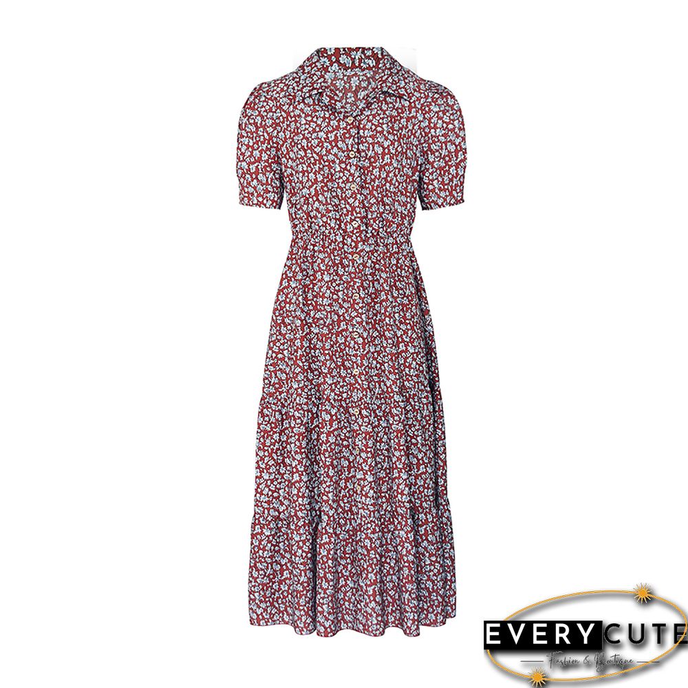 Red Button Short Sleeve Shirt Floral Dress