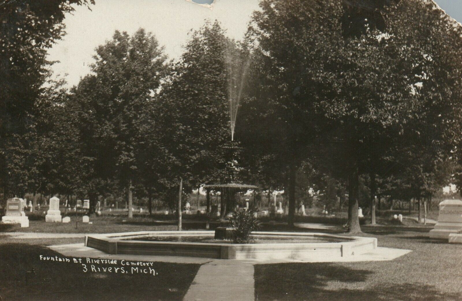 1908 Fountain at Riverside Cemetery 3 Rivers Michigan Real Photo Poster painting RPPC Postcard