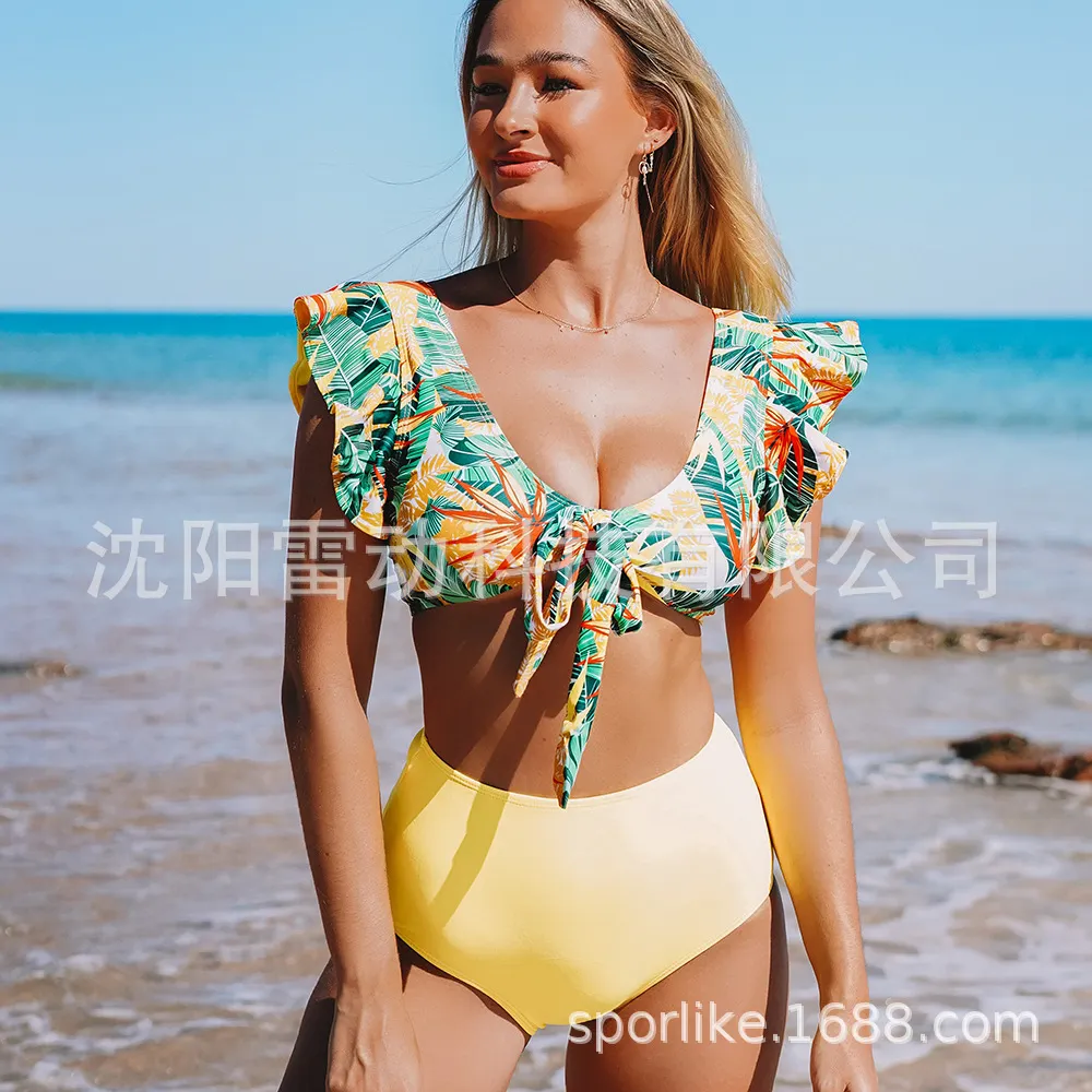 Brownm Bikini2025 New Lotus Edge Bikini Split Swimsuit Sexy High Waist