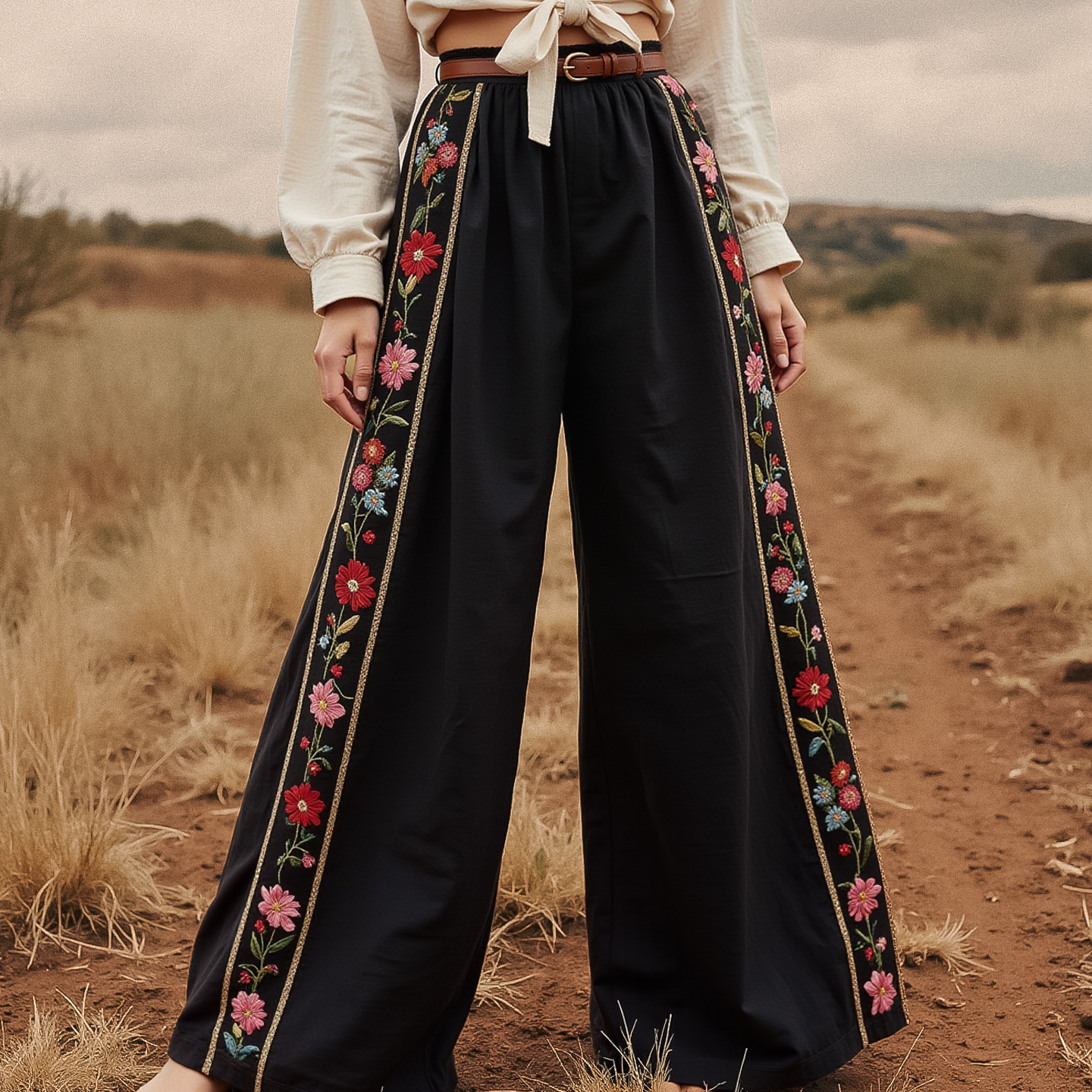 Women's Vintage Embroidered Long Wide-leg Pants