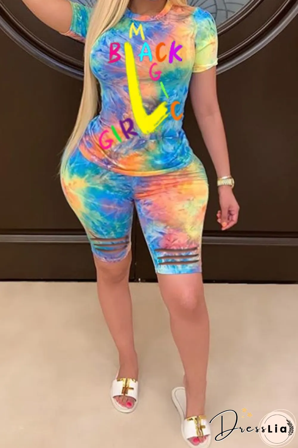 Fashion Casual O Neck Short Sleeve Regular Sleeve Print Plus Size Set（With Mask）