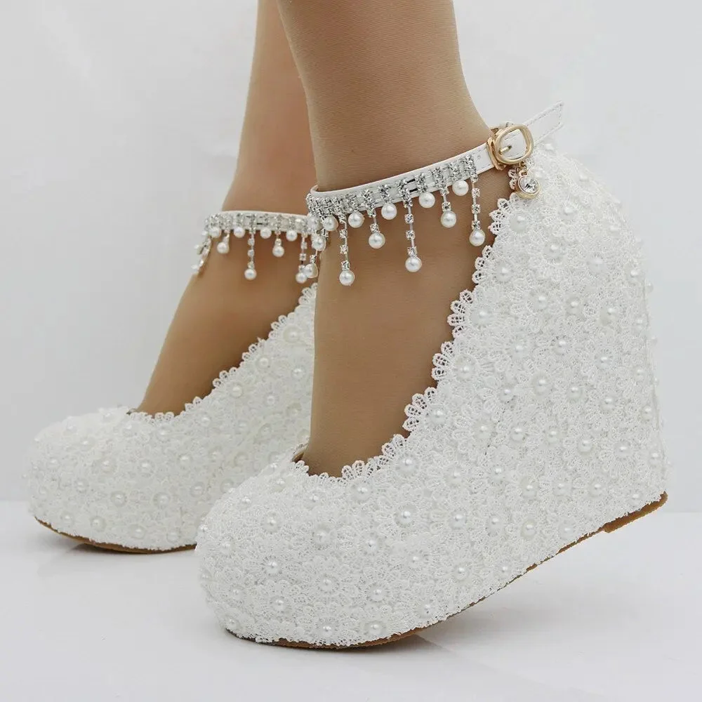 New White Wedges Wedding Pumps Sweet White Flower Lace Pearl Platform Pump Shoes Bride Dress High Heels