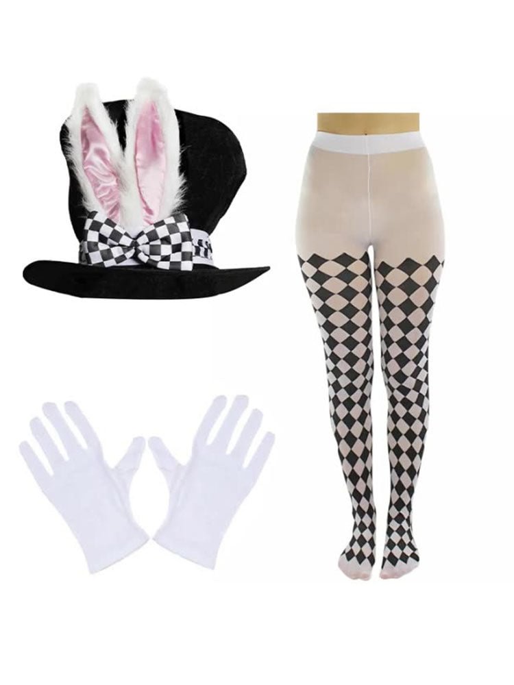 Easter Bunny 3pcs Set Velvet Hat Checked Tights Gloves-elleschic